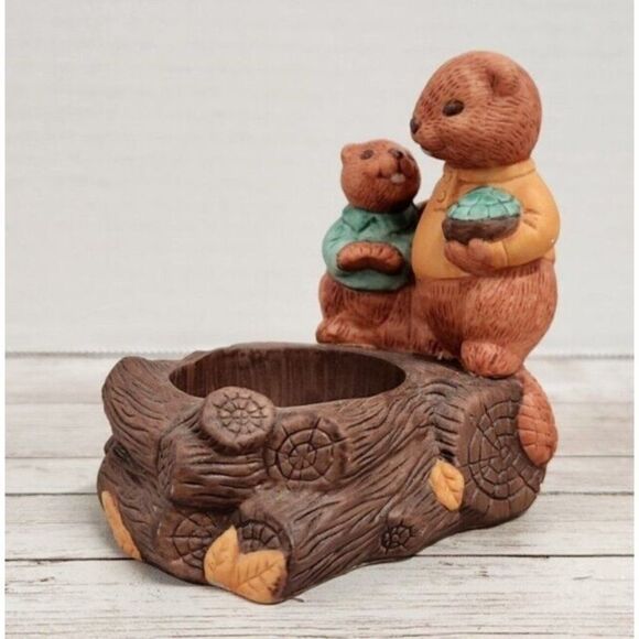 Avon Tea Light Holder Fireside Friends That Beaver Family On Log Votive Candle - Picture 8 of 11